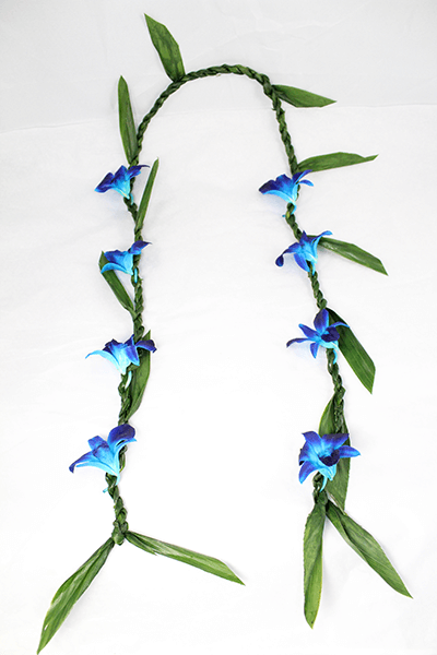 Ti Leaf lei is twisted with blue orchids
