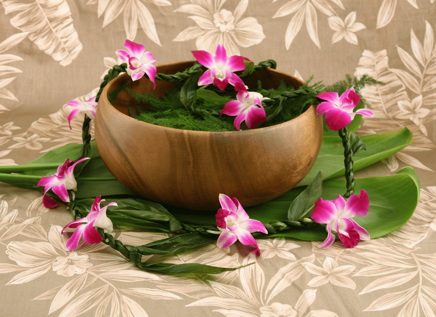 ti leaf lei with purple orchid heads